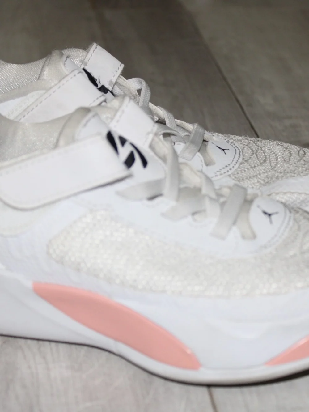 Jordan Kids White Sneakers with Light Pink Accents 13/13.5